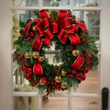 Red and Gold Holiday Wreath with Ornaments and Pine Cones